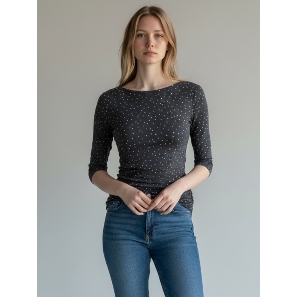 Boden Polka Dot Top Gray Stretch Ruched Side 3/4 Sleeve Fitted UK10 US6